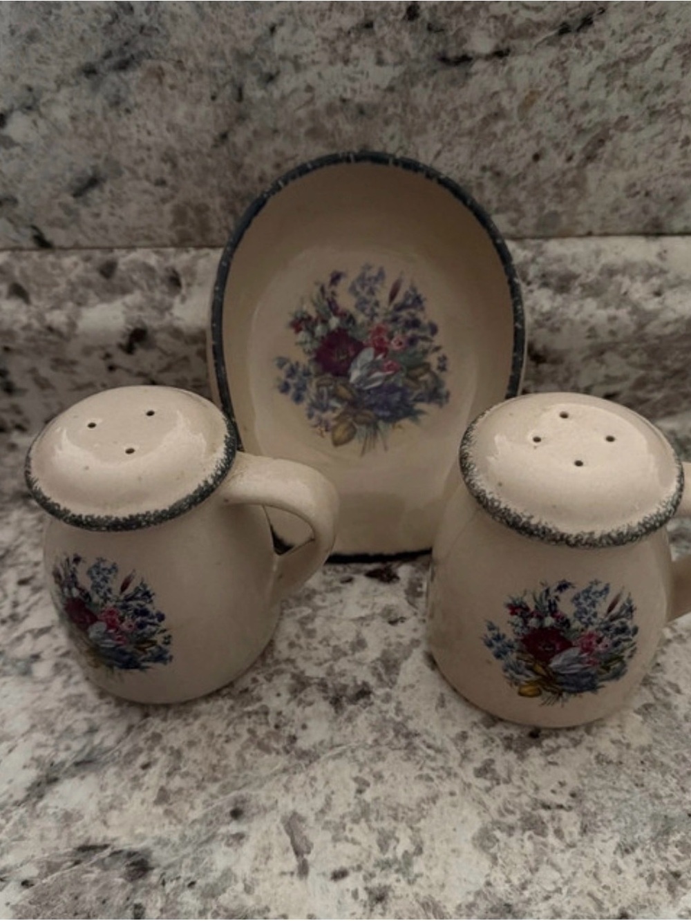 Cream Floral Ceramic Salt and Pepper Shakers with Matching Spoon Rest